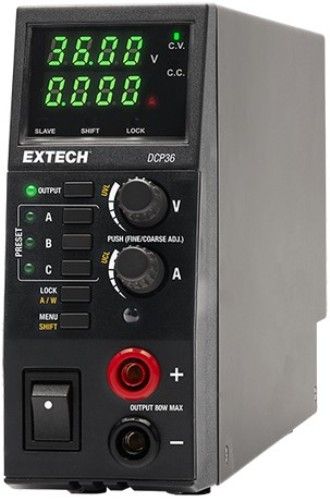 Extech DCP36 Switching Mode 80W DC Power Supply; 80W Constant Power Topology with 0.5 to 36V and 0 to 5A autorange output; Dual 4-digit LED displays with 10mV and 10mA resolution; Lower display indicates Current or Watts; Constant Voltage or Current; 3 user programmable presets for frequently used settings; UPC: 793950383360 (EXTECHDCP36 EXTECH DCP36 POWER SUPPLY)