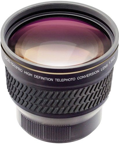 Raynox DCR-1542PRO Pro High Definition Telephoto Lens 1.54X with 3-adapter Rings for 37mm, 43mm and 46mm Filter Sizes; Magnification Nominal 1.54x, Actual 1.54x/Diagonal, 1.54x/Horizontal; High-Resolution 340-line/mm; 2G/4E High Definition design; Minimum Chromatic Aberration; 67mm Front filter size; UPC 024616020443 (DCR1542PRO DCR 1542PRO DCR-1542 DCR1542)