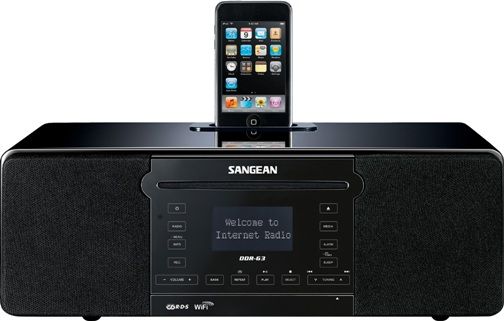 Sangean DDR-63 WiFi Internet Radio/FM-RBDS/Aux-in/CD/USB/SD All-in-One Tabletop Wooden Cabinet Musical System Compatible with iPod, 20 Memory Preset Stations for each Band (10 iRadio, 10 FM), Listen to the Hottest Premium Online Music Services Like Pandora, WiFi Internet Radio (over 15,000 Stations worldwide)/FM-RBDS Waveband, UPC 729288029168 (DDR63 DDR 63 DD-R63) 