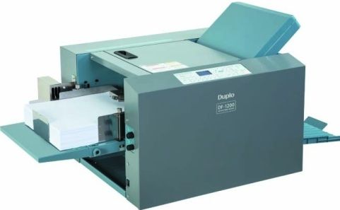 Duplo DF-1200 Air Suction Folder, 15,600 sheets/hour Fold Speed, 6 Pre-programmed Standard Folds, 4.7'' x 7.2'' to 12.2'' x 18'' Accepted Paper Sizes, up to 230 gsm Accepted Paper Weights, 625-sheet feed tray capacity, High speed folding up to 260 sheets per minute, 20 job memories for custom folds, Standard cross folding unit for right angle folds, Automatic paper size detection, Automatic fold plate setting, Replaced DF-1000 DF1000 (DF1200 DF-1200 DF 1200 DUPLODF1200)