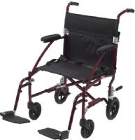 Drive Medical DFL19-RD Fly Lite Ultra Lightweight Transport Wheelchair, Red, 8" casters in rear; 6" casters in front, 9" Closed Width, 4 Number of Wheels, 18" Seat to Floor Height, 8" Seat to Armrest Height, 18" Back of Chair Height, 19.5" Width Between Posts, 26" Armrest to Floor Height, 18.75" Width of Seat Upholstery, 15.25" Depth of Seat Upholstery, 18.75" Width Between Armrest Pads,  300 lbs Product Weight Capacity,  Red Frame Primary Product Color, UPC 822383137391 (DFL19-RD DFL19 RD DFL19 