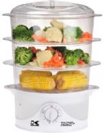 Kalorik DG 33761 3-Tier Food Steamer, Cook healthy meals quickly and easily, 9-quart total capacity, 3 tiers and rice cooker tray included, Food containers stack inside each other for convenient storage, Food containers with convenient carrying handles, 60-minute timer with auto-off function, See-through water tank, Easy refill during cooking with water inlets on both sides, Dimensions: 11.25 x 7.5 x 9.5, UPC 848052000179 (DG33761 DG 33761) 