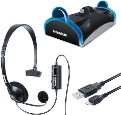 dreamGEAR DGPS4-6411 Charge & Chat Bundle for PS4, Includes Dual Charge Dock, Broadcaster Headset and Charge Cable, Charge up to 2 PS4 controllers simultaneously, LED charge indicators for each controller, Includes AC adapter, 10 foot cable, Charge and play simultaneously, Features inline volume and mute controls, UPC 845620064113 (DGPS46411 DGPS4 6411)