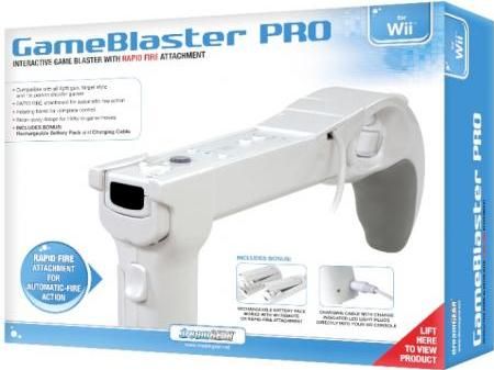 dreamGEAR DGWII-1051 GameBlaster PRO for Wii, White, Compatible with all light gun, target style and 1st person shooter games, RAPID FIRE attachment for automatic fire action, Rotating barrel for complete control, For left or right handed players, Breakaway design for tricky in-game moves, Rechargeable Battery Pack and Charging Cable, UPC 845620010516 (DGWII1051 DGWII 1051)