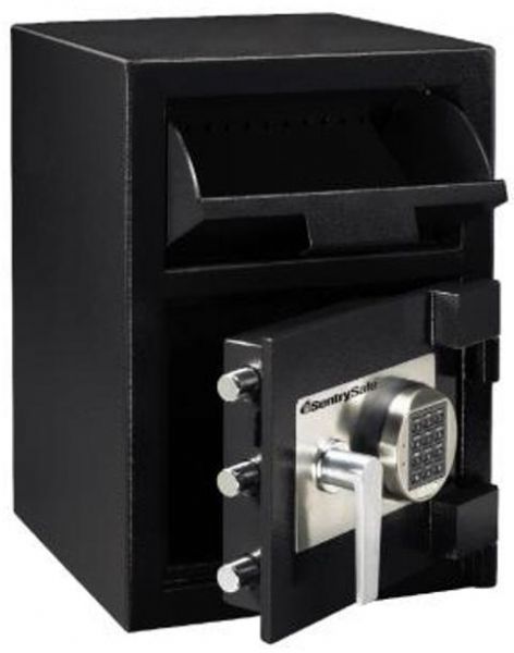 SentrySafe DH-109E Front Loading Depository Safe, 1.3 cu. ft. Capacity, Hardened solid steel construction, Anti-pry door and anti-fish hopper, Programmable electronic lock with time delay and relocking device, 24 H x 14 W x 15.6 D Exterior Dimensions, 14.5 H x 13.7 W x 11.3 D Interior Dimensions, Heavy duty vault ball bearing hinge and anti-drill lock plate (DH 109E DH109E Sentry Safe)
