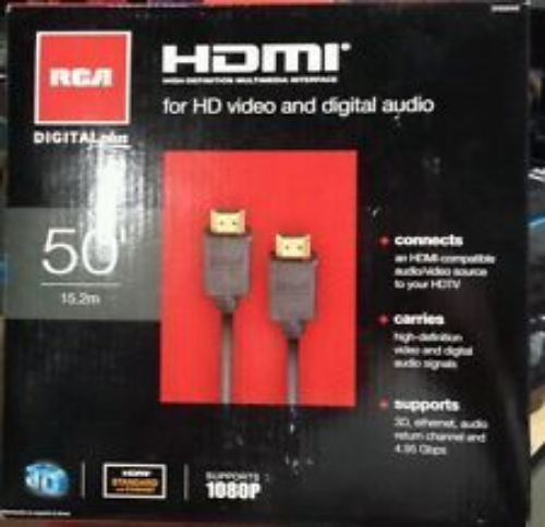 RCA DH50HHF 50-ft Round 26-Gauge HDMI Cable; Connects an HDMI-compatible audio/video source to your HDTV; Carries uncompressed high-definition video and digital audio signals (including surround sound); Supportshigh-definition video formats(up to 1080p ) as well as enhanced-and standard-definition formats; Supports a wide variety of audio formats,from stanard stereo to multi-channel surround sound; Certified to perform at standards set by HDMI; UPC 044476072864 (DH50HHF DH50HHF)