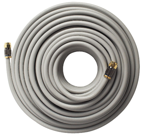 RCA DH50QCF 50 foot Digital Plus quad RG6 coax cable; Four shields to protect the integrity of the signal; Connects antenna, PVR, satellite, cable, HDTV converter, HDTV or TV; Gold plated conductors provides minimum resistance for clean signal transfer; Carries video and audio signals for accurate signal transfer, even over long runs; Gold plated conductors provides minimum resistance for clean signal; UPC 044476060694 (DH50QCF DH50QCF)