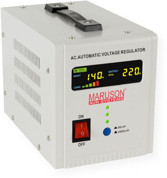 Maruson DIG-1KVA Digital AVR Series 1000VA, 115V output MCU, AVR, graphic LED, 6/180s delay time setting 4x 5-15R; Automatic voltage regulator 1 KVA to 20 KVA; Authentic zero crossing technology catches real current zero crossing; Taylor made C.R.G.O. toroidal transformer; Dimensions 9.3