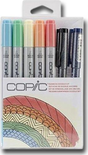 Copic DKRAIN Ciao, Rainbow Doodle Kit; This rainbow themed kit is color coordinated to give great results; Each kit includes five Ciao markers and two Multiliners (0.3mm); Contents are subject to change; Dimensions 3.75