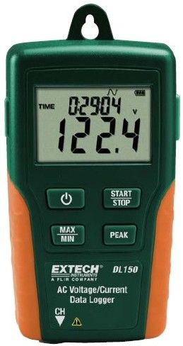 Extech DL150 True RMS AC Voltage/Current Datalogger; Measure True RMS AC Voltage (600V) or Current (200A); Readings can be downloaded to your PC via the USB interface and analyzed using the included software or exported to a spreadsheet; High/Low user-settable alarms; LCD indicates time/date, current readings, Min/Max, and whether alarm settings have been exceeded; UPC 793950471500 (EXTECHDL150 EXTECH DL150 TRUE RMS)