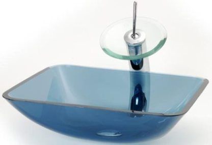 Dreamline DLBG-17B Square Vessel Sink, Tempered Glass Material, Blue Glass Color, Square Sink Shape, 1.75'' Drain Opening, 0.5