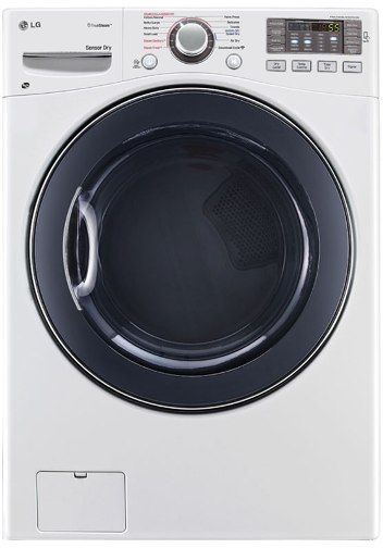 LG DLEX3570W SteamDryer Front Load Electric Dryer with NFC Tag On, White, 7.4 cu. ft. Ultra Capacity with Alcosta Steel Drum, 12 Drying Programs, 5 Temperature Settings, Upfront Electronic Control Panel with Dual LED Display and Dial-A-Cycle, Large Chrome Rimmed Glass Door with Dark Blue Tinted Cover, Reversible Door, UPC 048231014199 (DLE-X3570W DLEX-3570W DL-EX3570W DLEX3570)