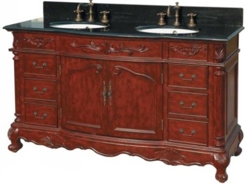 DreamLine DLVBJ-003-AC Antique Bathroom Vanity with Countertop, Cherry Finish, Solid wood cabinet frame and legs, Vanity cabinet doors and sides made of high quality wood MDF, Undermount white color porcelain oval shape sinks with overflows, 3/4