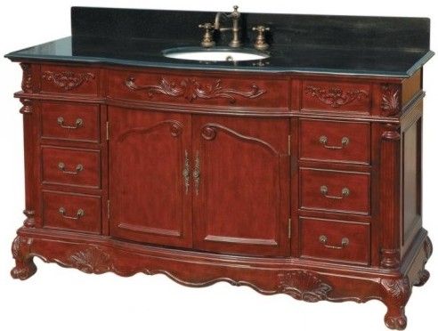 Dreamline DLVBJ-017-AC Antique Cherry Bathroom Vanity Set, Solid wood Birch cabinet frame and legs, Six side drawers and central compartment with 2 hinged doors, Includes sinks, cabinet, countertop and backsplash, 3/4
