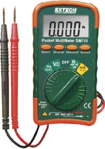 Extech DM110 Mini Pocket MultiMeter, Autoranging with 10 functions including Frequency, Capacitance, and Duty cycle, Large high contrast 4000 count LCD display, Auto Power off to conserve battery life, Autoranging with Relative and Data Hold, Diode Test and Continuity Beeper, UPC 793950391105 (DM-110 DM 110)