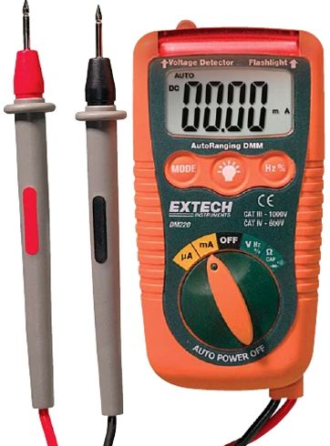 Extech DM220 Mini Pocket MultiMeter with Non-Contact Voltage Detector, Large high contrast 4000 count LCD display, Non-Contact Voltage detection identifies live circuits, Built-in Flashlight, Measures AC/DC Voltage, AC/DC Current and Resistance, Frequency and Duty Cycle, Diode Test and Continuity Beeper, UPC 793950392201 (DM-220 DM 220)