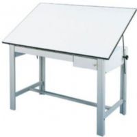 Alvin DM60CT DesignMaster 4-Post Steel Drawing Table, Gray, 37.5 x 60 in x 3/4in Tob Board, Tool and Reference Drawers, Superior strength and durability, Made of 18-gauge steel tubing and not pre-fab sheet steel, Table height is 37in, Angle adjusts from horizontal 0 to 45 degrees; Legs welded together to form a 3 x 2 in post for maximum strength, stability, and rigidity; UPC 088354165064 (DM-60CT DM 60CT DM60-CT DM60 CT) 