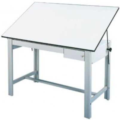 Alvin DM60CT DesignMaster 4-Post Steel Drawing Table, Gray, 37.5 x 60 in x 3/4in Tob Board, Tool and Reference Drawers, Superior strength and durability, Made of 18-gauge steel tubing and not pre-fab sheet steel, Table height is 37in, Angle adjusts from horizontal 0 to 45 degrees; Legs welded together to form a 3 x 2 in post for maximum strength, stability, and rigidity; UPC 088354165064 (DM-60CT DM 60CT DM60-CT DM60 CT)