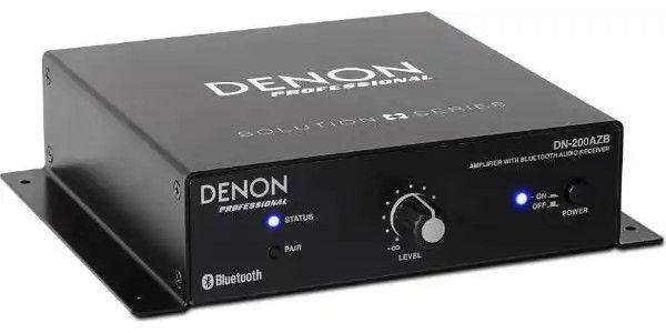Denon Professional DN-200AZB Mini Power Amp with Blutooth Receiver, Black Color; Bluetooth level control; 4 ohm, 70/100V, 20W RMS Amplifier; Euroblock speaker output; Euroblock line input; Utilizes Bluetooth CSR 4.0; Dimensions 6.4