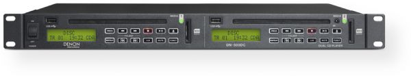 Denon Professional DN-500DC Dual CD/Media Player with USB/SD Inputs and RS-232c; Dual CD, SD and USB media player; Independent slot-in transport control for each CD drive; Supports CD, CD-R, CD-R/W, MP3, and USB/SD WAV/MP3; Balanced XLR and unbalanced RCA outputs for each player; RS-232C remote control; Dimensions 19.00