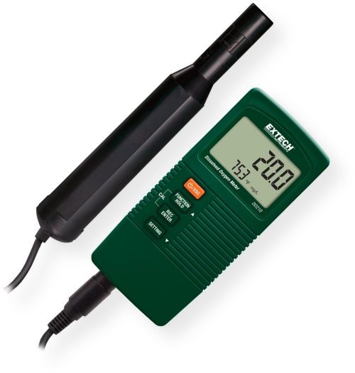 Extech DO210 Compact Dissolved Oxygen Meter; Takes quick measurements of Dissolved Oxygen or percentage Oxygen plus Temperature in water; Automatic Temperature Compensation via temperature probe sensor built into polarographic type oxygen probe; Adjustable Altitude and Salinity Compensation; Min Max and Data Hold functions; Auto Power Off with disable feature; UPC 793950062104 (EXTECHDO210 EXTECH DO210 OXYGEN METER)