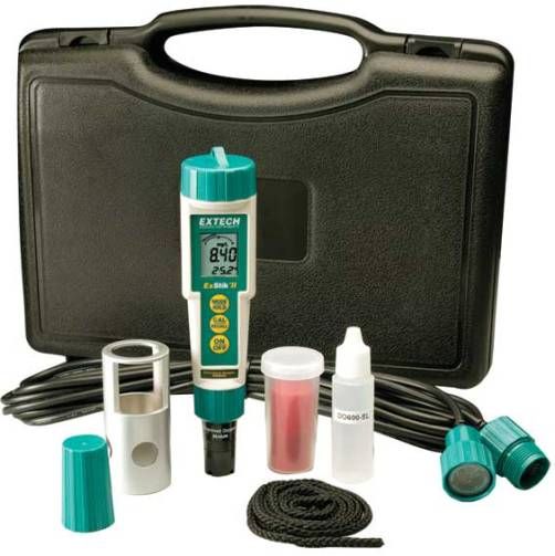 Extech DO600-K Waterproof ExStik II Dissolved Oxygen Kit; Kit includes DO600 meter, DO603 membrane kit, 16 ft. extension cable, weighted probe guard and carrying case; Oxygen level displayed as percent Saturation or Concentration (mg/L [ppm]); Adjustable Altitude Compensation (0-20000 ft. in 1000 ft. increments); Adjustable Salinity Compensation from 0 to 50ppt; UPC: 793950066003 (EXTECHDO600K EXTECH DO600K DISSOLVED OXYGEN METER KIT)