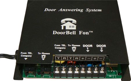 DoorBell Fon DP28C Door Station Controller, Built-in call waiting, Simple wiring procedure, Installs using pre-existing pair of wires and phone lines, Plugs into any AC wall outlet, 2 available Door Station terminals, Each Door Station has a distinctive ring, Dimensions 5.8125