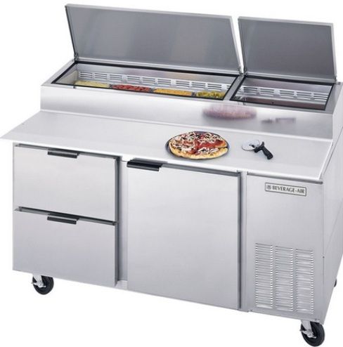 Beverage Air DPD67-2 One Door, Two Drawer Pizza Prep Table, 6.3 Amps, 60 Hertz, 1 Phase, 115 Volts, 9 Pans - 1/3 Size Food Pan Capacity, Doors Access Type, Drawers Access Type, 27 Cubic Feet Capacity, Side Mounted Compressor, Swing Door Style, Solid Door Type, 1/4 Horsepower, 1 Number of Doors, 2 Number of Drawers, 2 Number of Shelves, Air Cooled  Refrigeration Type, 43.38