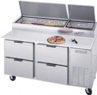 Beverage Air DPD67-4 Four Drawer Pizza Prep Table, 6.3 Amps, 60 Hertz, 1 Phase, 115 Volts, 9 Pans - 1/3 Size Food Pan Capacity, Doors Access Type, Drawers Access Type, 27 Cubic Feet Capacity, Side Mounted Compressor, 1/4 Horsepower, 4 Number of Drawers, Air Cooled Refrigeration Type, 33 - 40 Degrees F Temperature Range, 43.38" H x 67" W x 36.38" D (DPD674  DPD67-4  DPD67 4) 