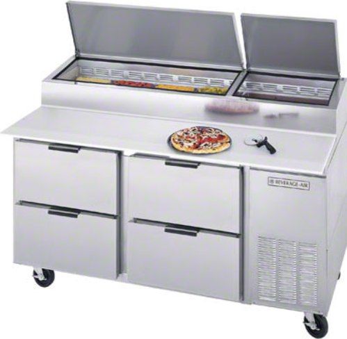 Beverage Air DPD67-4 Four Drawer Pizza Prep Table, 6.3 Amps, 60 Hertz, 1 Phase, 115 Volts, 9 Pans - 1/3 Size Food Pan Capacity, Doors Access Type, Drawers Access Type, 27 Cubic Feet Capacity, Side Mounted Compressor, 1/4 Horsepower, 4 Number of Drawers, Air Cooled Refrigeration Type, 33 - 40 Degrees F Temperature Range, 43.38