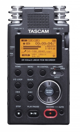 Tascam DR-100mkII Stereo Portable Digital Recorder; Total of 4 microphones including 2 unidirectional condenser microphones and 2 omnidirectional microphones; Locking XLR/TRS inputs compatible with +4dBu line level / +48V phantom power with 20dB of head room; Dual battery system that can use two different types of batteries; the exclusive Li-ion battery and standard AA batteries; Independent left/right adjustable large rotary input volume knob; UPC 043774026050 (DR100MKII DR-100MKII)