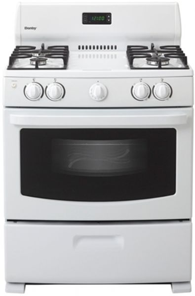Danby DR3099WGLP Freestanding Gas Range, 2-9,000 BTU Sealed Burners, 2-6,000 BTU Sealed Burners, 4.3 cu.ft. Oven Capacity with Interior Light, Oven Window, Broiler Drawer, Push and Turn Safety Knobs, Large Backsplash with Digital Clock and Timer, Includes Two Oven Racks, Integrated Lip Contains Spills, 30
