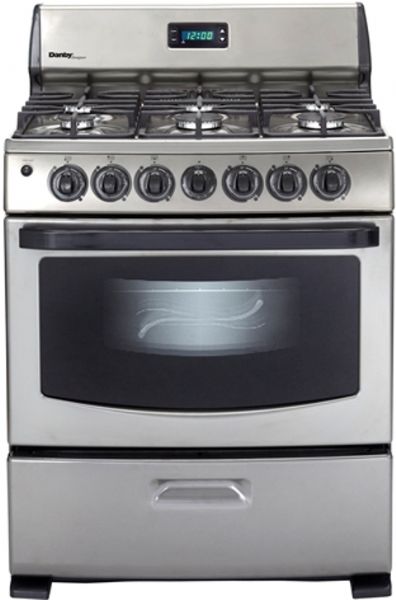 Danby DR399BLSGLP Freestanding Gas Range, 4-9,000 BTU Sealed Burners, 2-6,000 BTU Sealed Burners, 4.3 Cu.Ft. Oven Capacity with Interior Light, Oven Window, Broiler Drawer, Push and Turn Safety Knobs, Large Backsplash with Digital Clock and Timer, Includes Two Oven Racks, Integrated Lip Contains Spills, 30