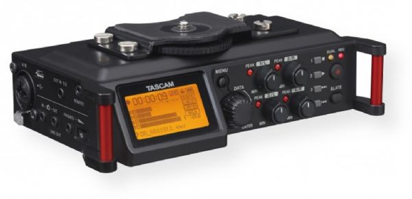 Tascam DR-70D 4-track Portable Recorder for DSLR; SD card(64MB to 2GB), SDHC card(4GB to 32GB), SDXC card(48GB to 128GB) Recording media; 4-channel (stereo  2, mono  4); XLR-3-31 (1:GND, 2:HOT, 3:COLD) / 6.3mm(1/4