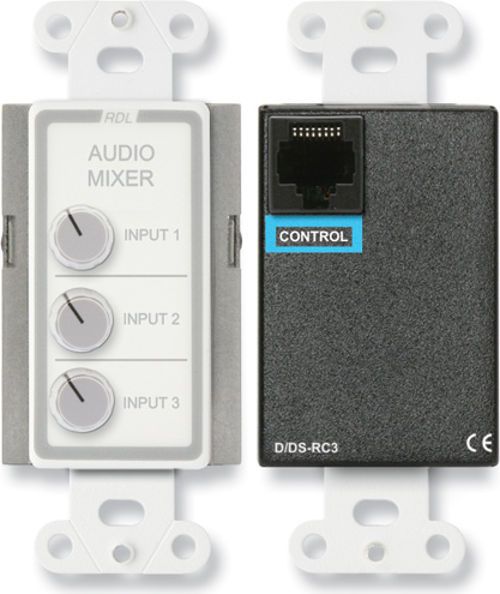RDL D-RC3 Three Channel Remote Audio Mixing Control, White color, Three channel remote audio mixing control panel, Single turn rotary controls, Single control location, Direct control of RDL mixers with an RJ45 remote control port, Standard twisted pair interconnection to mixer, Dimensions 4.10