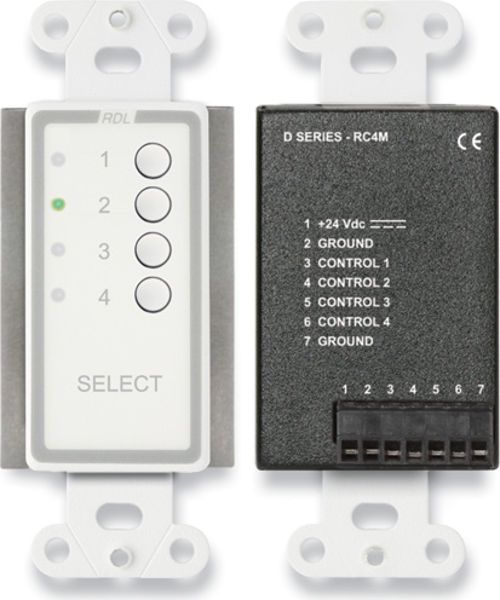 RDL D-RC4MC D Series RC4M Four Channel Audio Remote Control, White color, Remote selection of 4 sources, Single button selection for each source, LED indication, Single or multiple control locations, Up to ten remote control locations, remote wiring using six conductors or UTP cable CAT5 CAT6, UPC 813721015860 (DRC4MC D-RC4MC DRC4-MC RDLDR-C4MC RDLD-RC4MC RDLDRC4-MC)