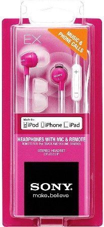 Sony DR-EX12IP/PK In-Ear Stereo Headphones with Microphone & Remote, Pink, 9mm Neodymium Drivers, In-line control of volume & tracks (play, pause, skip), Microphone for hands-free phone calls, Supports iPhone/iPod VoiceOver functionality, Powerful bass with high-resolution treble and midrange, Soft in-ear style earbuds for a secure & comfortable fit, UPC 027242819481 (DREX12IPPK DR-EX12IPPK DR-EX12IP-PK DR-EX12IP)