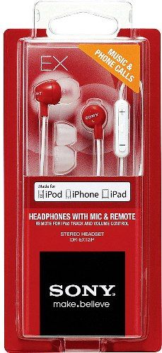 Sony DR-EX12IPRD Headphones with Mic & Remote, Red, 100mW Capacity, Frequency 6 - 23000 Hz, Sensibility 98 dB/mW, Impedance 16 Ohms, In-line control of volume & tracks (play, pause, skip), Microphone for hands-free phone calls, Supports iPhone/iPod VoiceOver functionality, Powerful bass with high-resolution treble and midrange, UPC 027242819474 (DREX12IPRD DR EX12IPRD DR-EX12IPR DR-EX12IP)