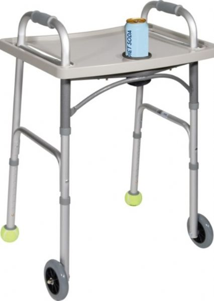 Drive Medical 10124 Universal Walker Tray; Allows personal items to be carried from room to room; Contains one cup holder; Fits most manufacturers' walkers; Made of easy-to-clean durable plastic; Easy to install; Dimensions 23