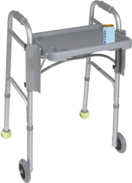 Drive Medical 10125 Folding Walker Tray; Allows personal items to be carried from room to room; Contains two cup holders; Fits most manufacturers' walkers; Made of easy-to-clean durable plastic; Easy to install; Dimensions 2