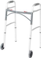 Drive Medical 10210-1 Deluxe Two Button Folding Walker With 5" Wheels; Comes with wheels (Replacement wheels Drive model # 10109); Each side operates independently to allow easy movement through narrow spaces and greater stability while standing; Easy push-button mechanisms may be operated by fingers, palms or side of hand; UPC 822383117379 (DRIVEMEDICAL102101 DRIVE MEDICAL 10210-1 TWO BUTTON FOLDING WALKER) 