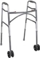 Drive Medical 102201WW Heavy Duty Bariatric Two Button Walker With Wheels; For bariatric use; Steel legs and side braces; Durable 5" dual front wheels; Precision design provides additional strength while adding minimal weight; Wider and deeper frame design accommodates individuals up to 500 lbs; Easy push-button mechanisms may be operated by fingers, palms, or side of hand; UPC 822383901145 (DRIVEMEDICAL102201WW DRIVE MEDICAL 102201WW BARIATRIC TWO BUTTON WALKER) 