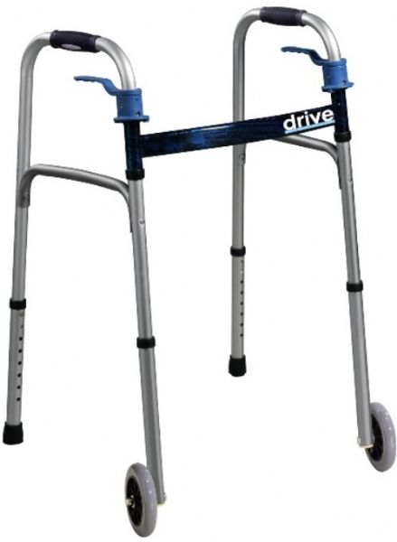 Drive Medical 102261 Trigger Release Folding Walker; Deluxe soft ribbed contoured hand grip for added comfort; Durable, Composite Trigger Release resists cracking and breaking; Includes rear glide caps and glide covers allowing use on all surfaces; Sturdy 1