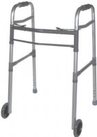 Drive Medical 10253-1 Two Button Folding Universal Walker With 5" Wheels; Two walkers in one; Height adjusts from 28.75" - 38.5"; Side brace adjusts with height of walker to provide additional stability; Easy push-button mechanisms may be operated by fingers, palms or side of hand (Patent Pending); New easy-release closure; UPC 822383230986 (DRIVEMEDICAL102531 DRIVE MEDICAL 10253-1 TWO BUTTON FOLDING UNIVERSAL WALKER) 