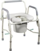 Drive Medical 11125PSKD-1 Steel Drop Arm Bedside Commode With Padded Seat And Arms; Easy to assemble frame; Padded open front vinyl toilet seat; Easy-to-release drop arm mechanism allows for safe lateral patient transfers to and from commode; Ideal for those with limited dexterity; Legs are height adjustable; Easy to clean grey powder coated steel finish; UPC 822383226644 (DRIVEMEDICAL11125PSKD1 DRIVE MEDICAL 11125PSKD-1 STEEL DROP ARM BEDSIDE COMMODE PADDED SEAT) 