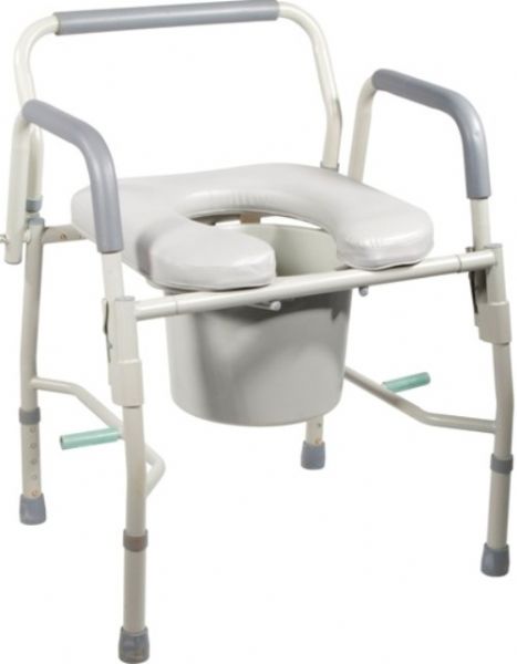 Drive Medical 11125PSKD-1 Steel Drop Arm Bedside Commode With Padded Seat And Arms; Easy to assemble frame; Padded open front vinyl toilet seat; Easy-to-release drop arm mechanism allows for safe lateral patient transfers to and from commode; Ideal for those with limited dexterity; Legs are height adjustable; Easy to clean grey powder coated steel finish; UPC 822383226644 (DRIVEMEDICAL11125PSKD1 DRIVE MEDICAL 11125PSKD-1 STEEL DROP ARM BEDSIDE COMMODE PADDED SEAT)
