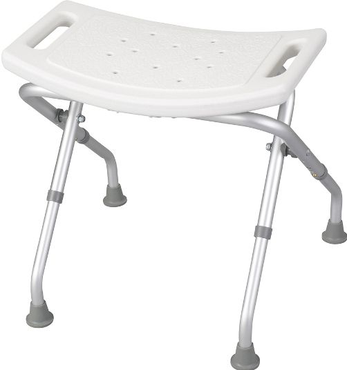 Drive Medical 12486 Folding Bath Bench; Blow molded bench provides comfort and strength; Drainage holes in seat reduce slipping; Aluminum frame is lightweight, durable and corrosion proof; Angled legs provide additional stability; Conveniently folds down flat; Dimensions 18.5