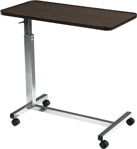 Drive Medical 13008 Tilt Top Overbed Table; Easily assembled; Walnut, wood grain low pressure laminate top; Top can be tilted 33 degrees in either direction; Top can be raised or lowered in infinite settings between 26.5
