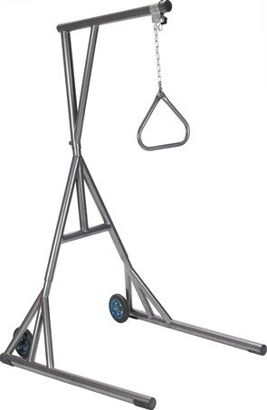 Drive Medical 13039SV Heavy Duty Trapeze With Base And Wheels, Silver Vein; Designed to assist larger individuals to change positions while in bed and aid in the transfer from bed to chairs; Easy to assemble (Requires only a drill, rubber mallet and socket with wrench); The overhead boom swivels from 0 to 180 degrees; UPC 822383291604 (DRIVEMEDICAL13039SV DRIVE MEDICAL 13039SV HEAVY DUTY TRAPEZE BASE WHEELS SILVER VEIN)