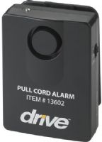 Drive Medical 13602 Pull Cord Alarm; Alarm easily secures to a bed or chair with a self-contained clip; Activation cord is adjustable from 18"– 36"; When user gets up, the pin connector pulls from the alarm unit activating the signal; Deactivate with On/Off switch; Two volume settings: 97 dB and 103 dB; Requires one 9V battery (Included); UPC 822383112237 (DRIVEMEDICAL13602 DRIVEMEDICAL-13602 13-602 136-02) 